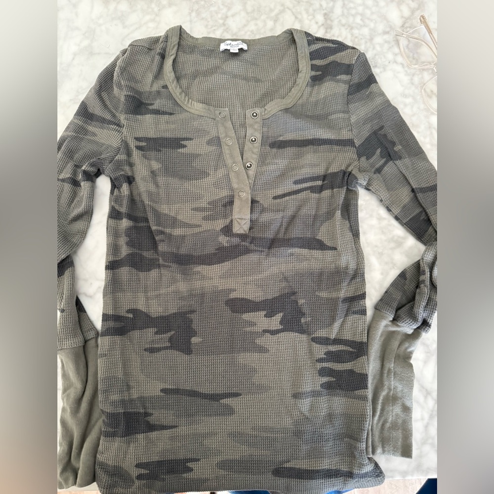 Splendid Olive and Dark Green Camo Waffle-Knit Henley Long Sleeve